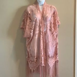 EMERETTE - Boho Pink lace fringe kimono size L